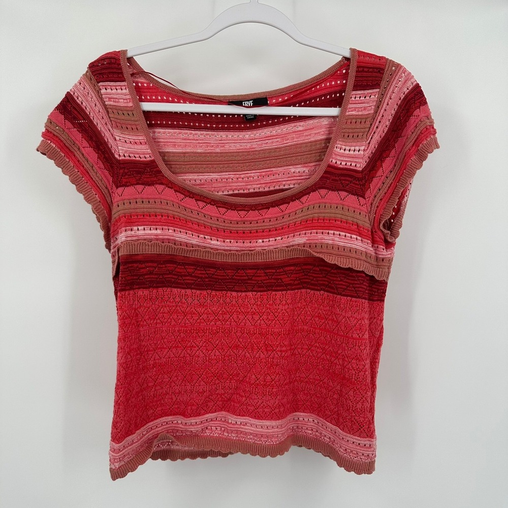 Frye Womens Boho Crochet Pointelle Knit Top Size L Ruffle Feminine Cottagecore